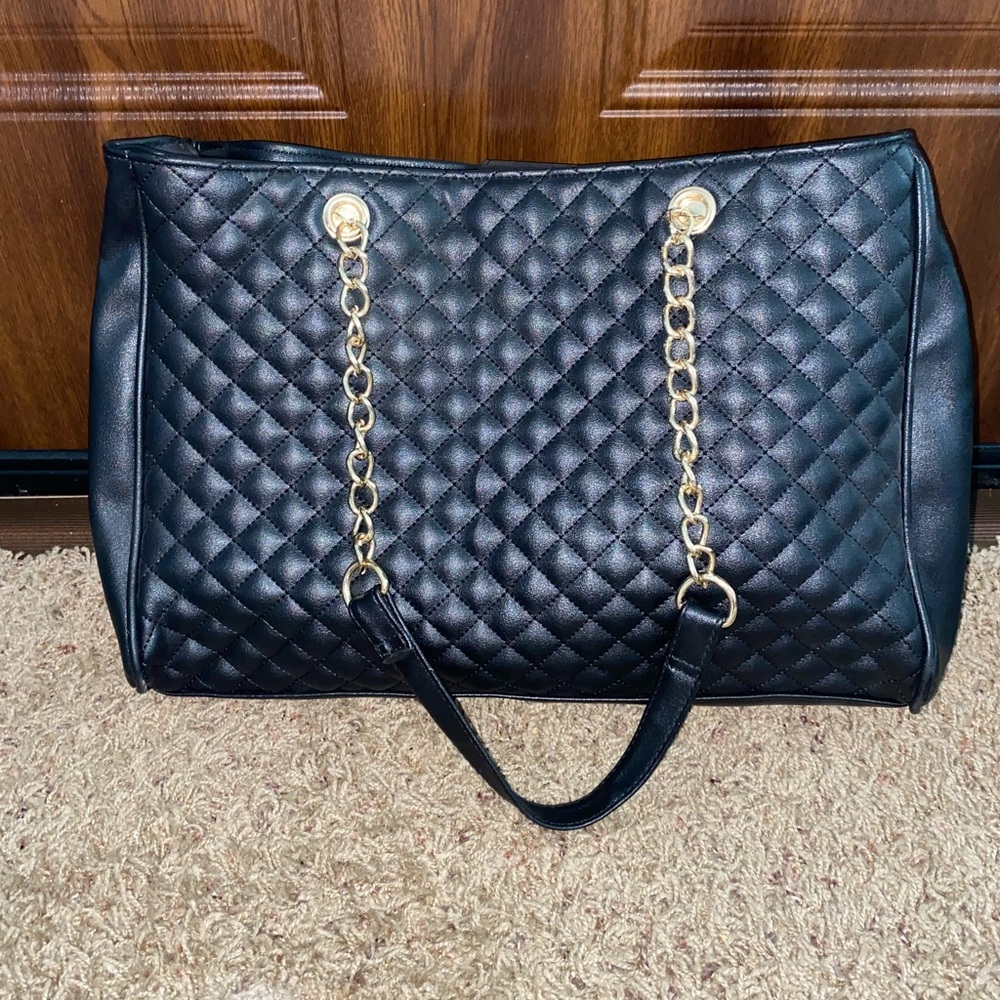 Black quilted faux leather bag with gold chain shoulder strap